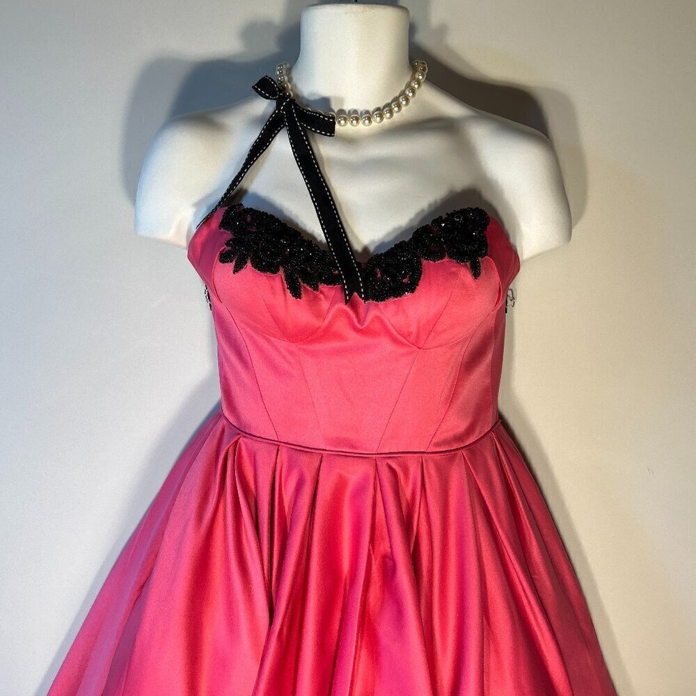 Angela & Alison SZ 0 Hot Pink satin dress black beading party formal prom retro - Picture 4 of 11